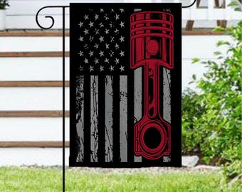 Piston American Flag Garden Flag, Mechanic Patriotic Flag, Car Guy Gift, Garage Decor, Automotive Flag, Gearhead Gift, Red Black USA Flag