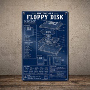 May include: A rectangular blue metal sign featuring a white technical blueprint titled Anatomy of a Floppy Disk. The graphic displays an exploded view of a 3.5-inch floppy disk, labeled components, a how-it-works diagram, and technical specifications.