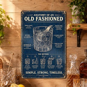 May include: A rectangular metal sign with a dark blue blueprint background featuring white text and line drawings. The sign displays the Anatomy of an Old Fashioned cocktail, listing ingredients and a five-step method for preparation.