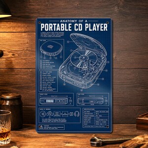 May include: A rectangular blue metal sign featuring a technical blueprint titled Anatomy of a Portable CD Player. The graphic displays detailed diagrams, component labels, and specifications for a CD player, including dimensions of 5.6 inches and 5.3 inches.