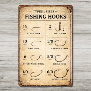 May include: A vintage-style metal sign with the text "TYPES & SIZES OF FISHING HOOKS." The sign displays illustrations of various fishing hook types, including nymph, treble, bait, and circle hooks, with size designations like 16, 2, 10, 5/0, 6, 1/0, and 6/0.
