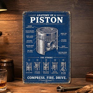 Anatomy of a Piston Metal Sign, Engine Blueprint Wall Art, Mechanic Garage Decor, Automotive Gift, Hot Rod Shop Sign, Car Enthusiast Decor
