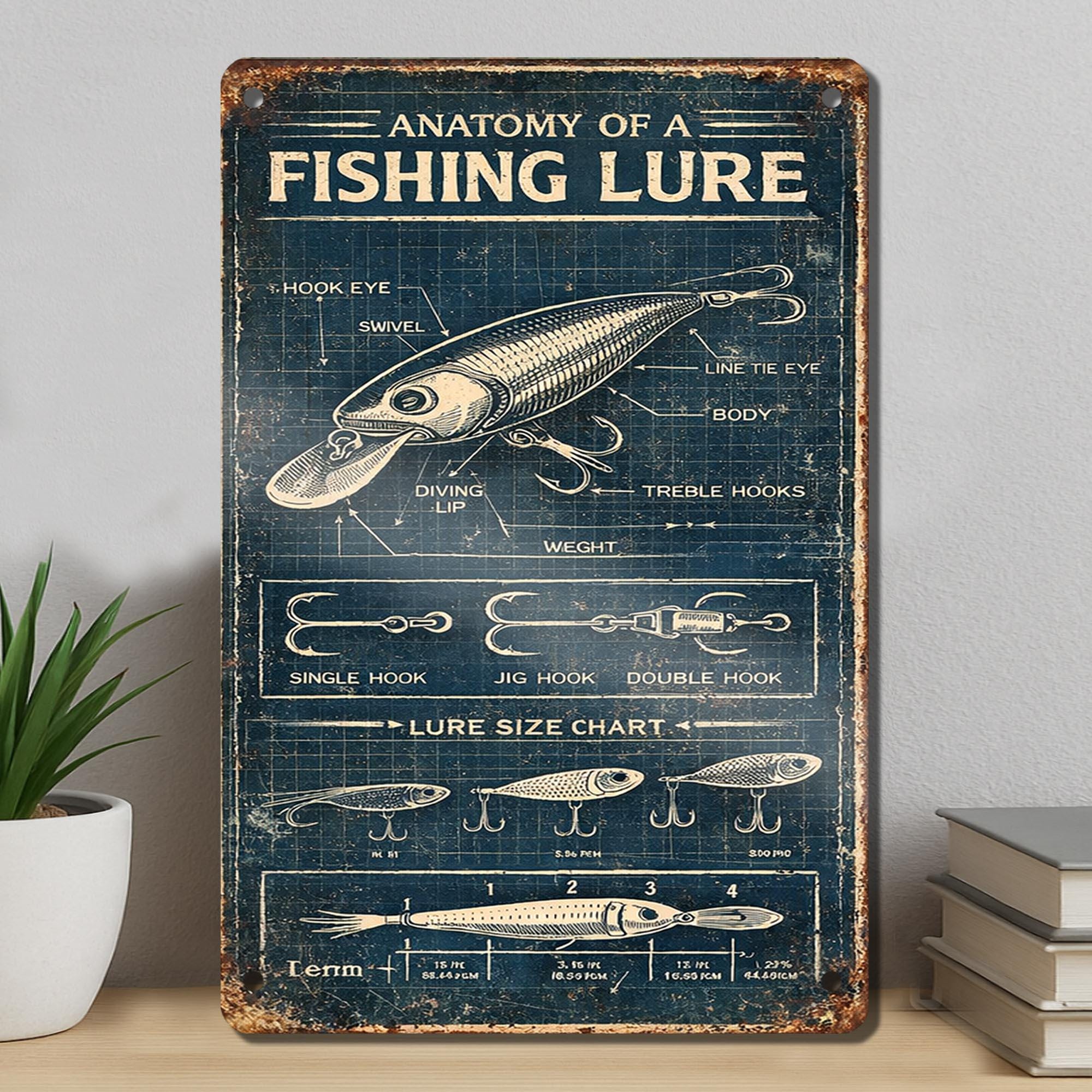 Fishing Lure Anatomy Blueprint, Vintage Style Metal Sign