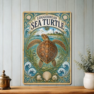 May include: A rectangular metal sign featuring a brown loggerhead sea turtle swimming in ocean water. The design includes green seaweed, blue waves, and seashells. The text reads LOGGERHEAD SEA TURTLE above the turtle, with a lighthouse in the background.
