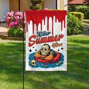 Killer Summer Vibes Garden Flag, Summerween Decor, Horror Beach Flag, Spooky Summer Flag, Funny Pool Flag