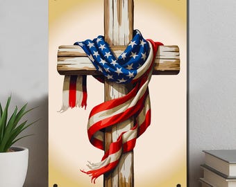 Cross With American Flag Metal Sign – Faith and Patriotism Wall Decor