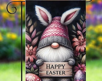 Happy Easter Gnome Garden Flag, Pink Bunny Ears and Spring Flowers, Rustic Easter Yard Sign Porch Decor