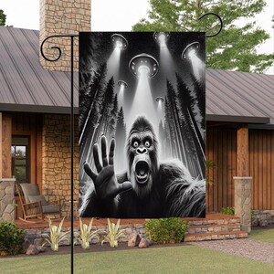 Funny Bigfoot UFO Selfie Garden Flag 12x18inch: Double-Sided Yard Decor