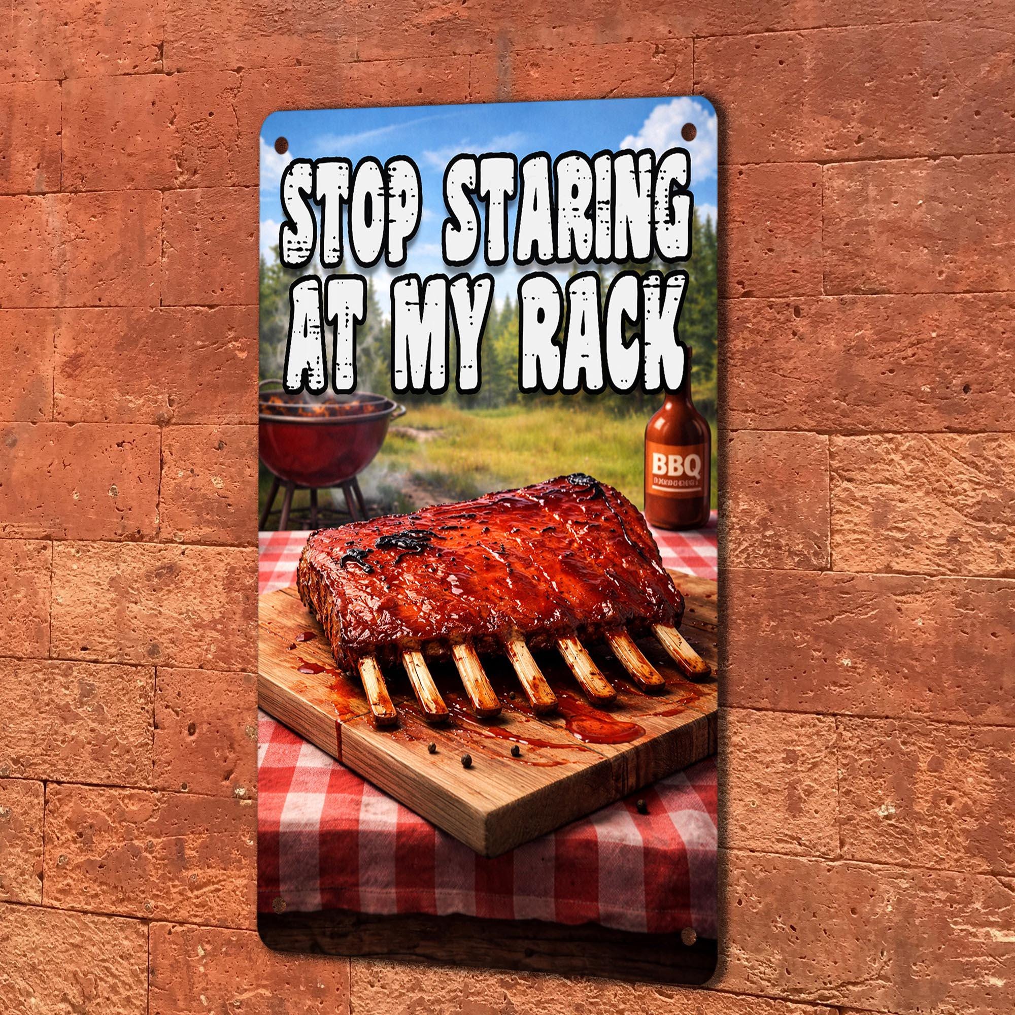 Funny Rack Ribs Meme Funny BBQ Rib Sign – Stop Staring at My Rack – Smoked Ribs Humor ...