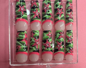 Camo Green and Pink Handmade Press Ons with stars and rhinestones. Long Square.