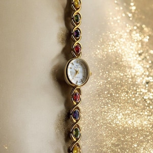 Vintage Style Colorful Diamond Gold Womens Watch, Gold Gemstone Watch, Multicolorful Watch, Gift for her