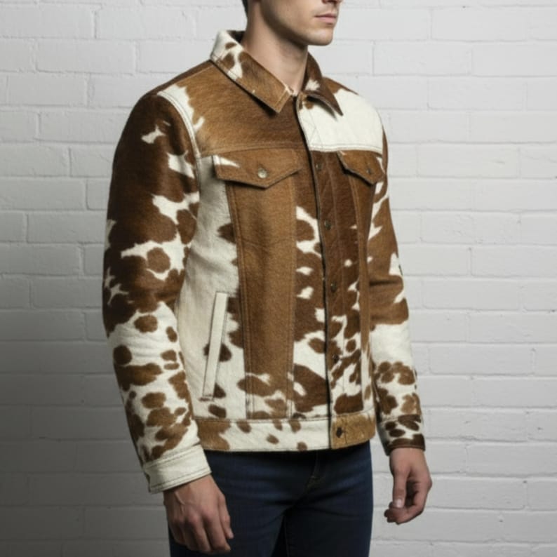 May include: A brown and white cowhide jacket with a classic collar, two chest pockets, and two side pockets. The jacket has a button-up front and cuffs. The sleeves and sides are a mix of brown and white patches.