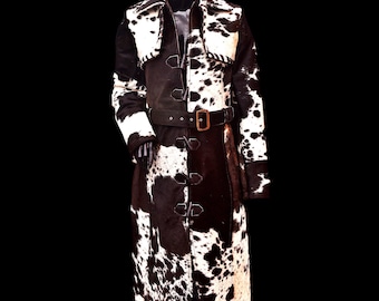 Handmade Cowhide Western Trench Coat: Real Hair-on Leather Outerwear