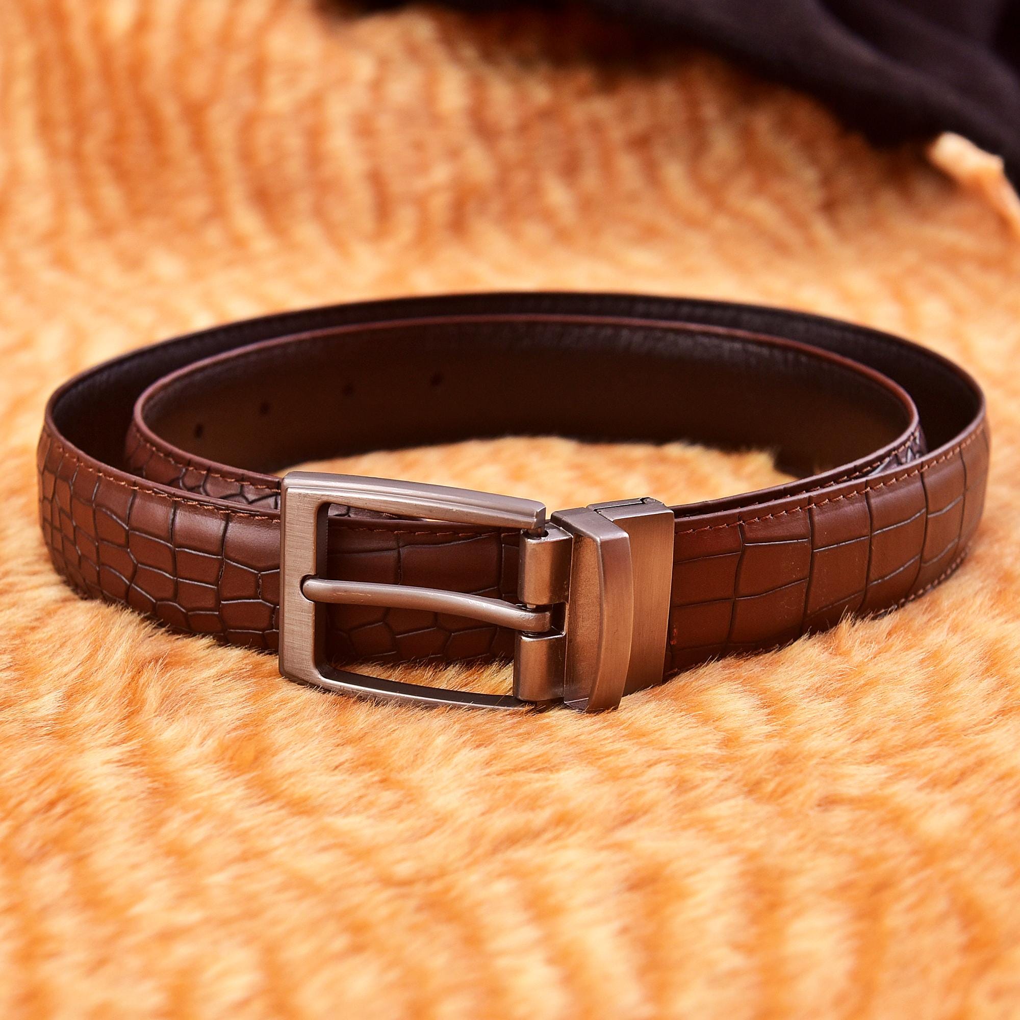 Reversible Crocodile Texture Leather Belt: Brown & Black Cow 