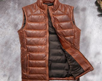 Men's Distressed Brown Lambskin Leather Puffer Vest