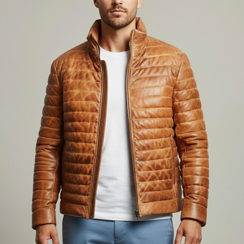 Puffer Jacket Men's Real Lambskin Leather, Brown Quilted Down Jacket image 2