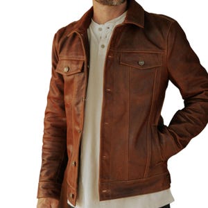 Blouson en cuir marron pour homme, veste camionneur marron effet vieilli, parfait pour la conduite et un usage quotidien, cadeau idéal pour les motards