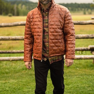 Puffer Jacket - Quilted Distressed Brown Real Lamb Skin Men’s Light Down Jacket, Perfect for Winter Gifting