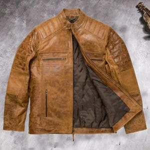 Leather Jacket men&#39;s, Vintage Cowhide Biker Style Brown Jacket for Winter, Perfect Gift for Him