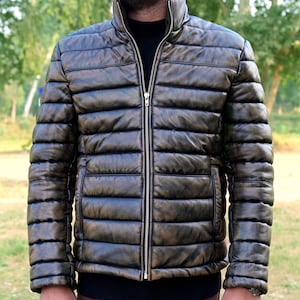 Puffy Jacket Mens Distressed Black Vintage Look Real Lambskin Puffer Jacket, Cozy Quilted Down Jacket for Him, Perfect Gifts for Men