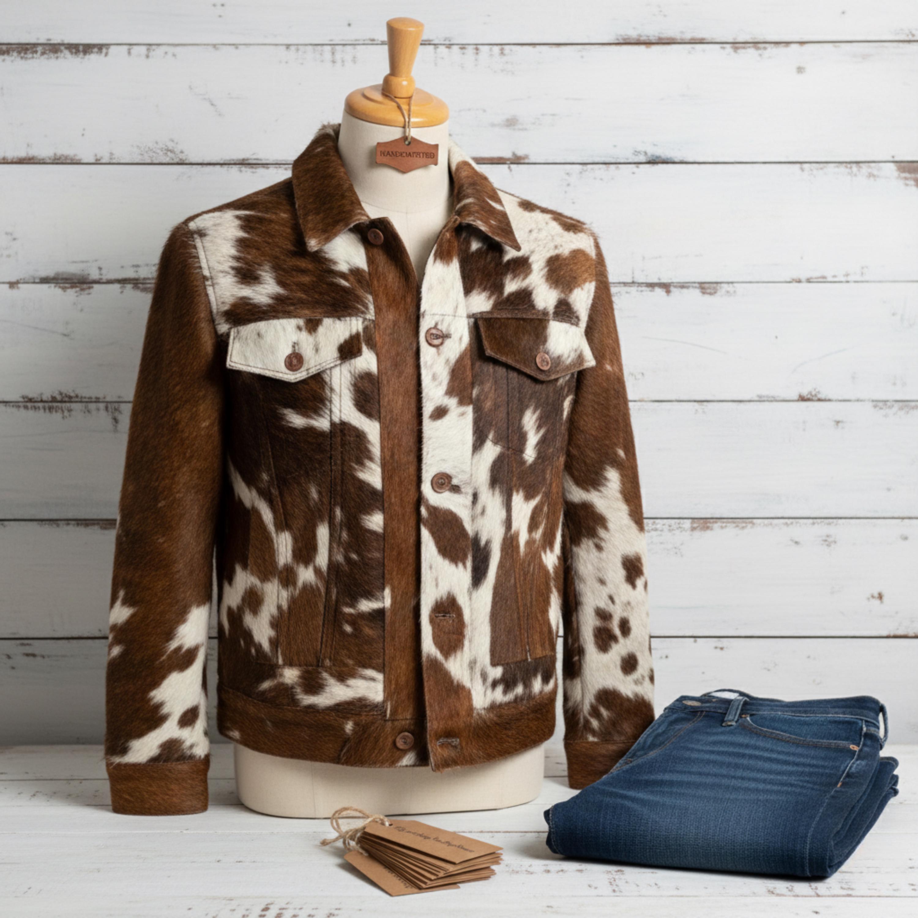 HERRINGBONE MELTON×COW HIDE JACKET Men's Cowhide Jacket Pony Hair With Denim | Hair-on Hide Leather