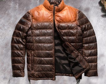 Men's Lambskin Leather Puffer Jacket: Winter Outdoor Coat
