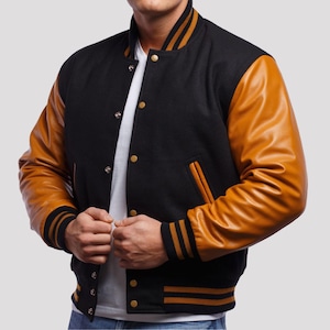 Woll Varsity Bomber Jacke, Reine Leder Ärmeln, Stilvolle Alltagskleidung