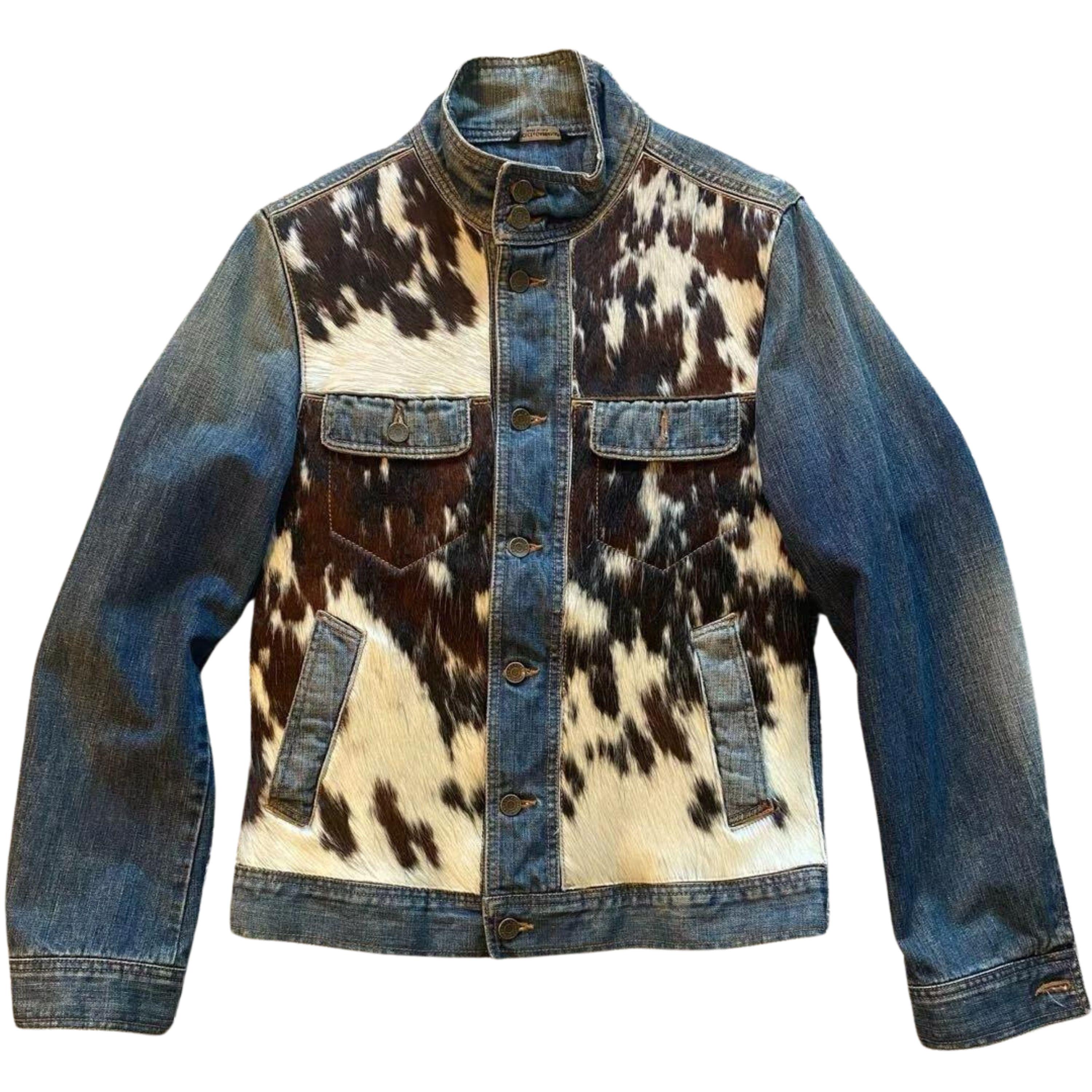 ジャケット・アウター CALEE COW LEATHER TRUCKER JACKET NAVY L Mens Genuine Cowhide Leather Trucker Jacket Blue Biker Denim Shirt