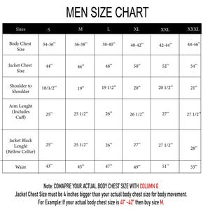 May include: A men's size chart with measurements in inches for body chest, jacket chest, shoulder to shoulder, arm length, jacket length, and waist. The chart includes sizes S, M, L, XL, XXL, and XXXL.