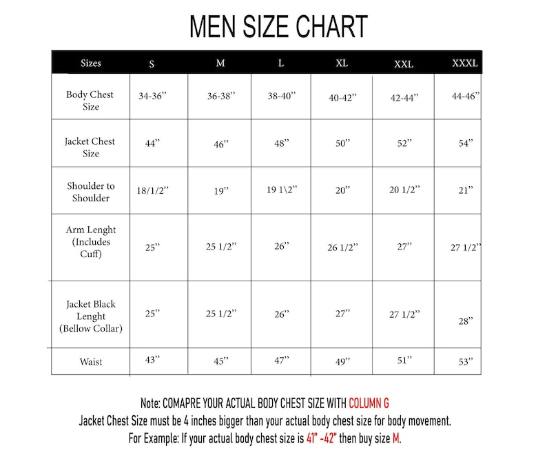 May include: A men's size chart with measurements in inches for body chest, jacket chest, shoulder to shoulder, arm length, jacket length, and waist. The chart includes sizes S, M, L, XL, XXL, and XXXL.