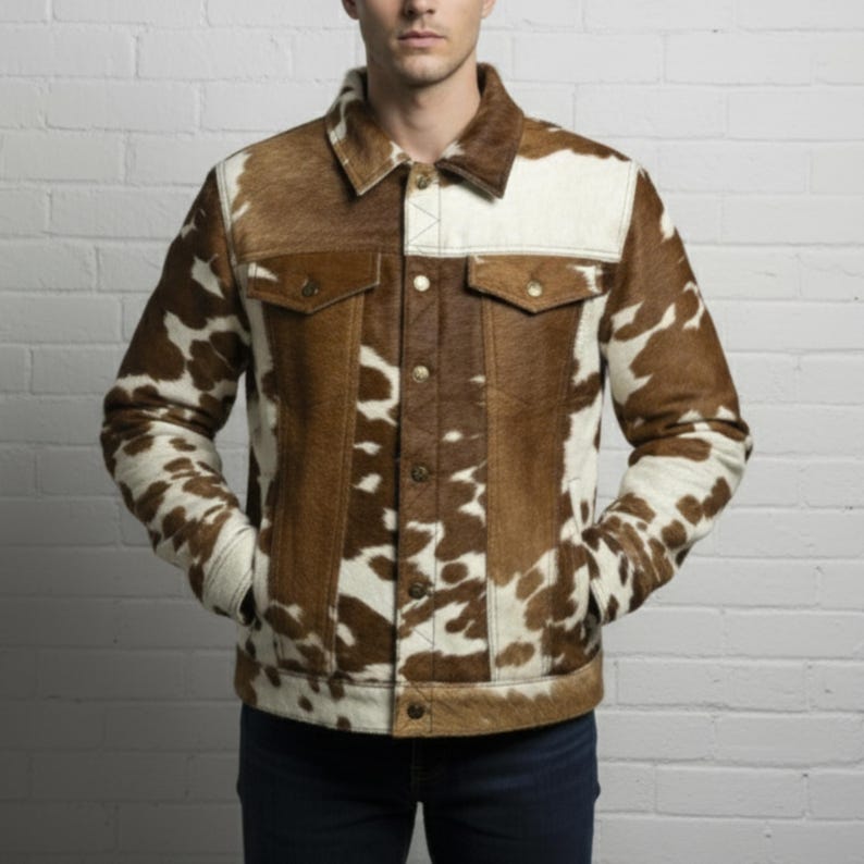 May include: A brown and white cowhide jacket with a classic collar, two chest pockets, and button closures. The jacket features a unique pattern and is made of a textured material. The model is wearing dark blue jeans.