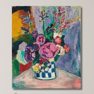 Naturaleza muerta con peonías en un jarrón, Henri Matisse, 1907, pintura, obra de Henri Matisse, exposición de Henri Matisse, póster de flores de Henri Matisse