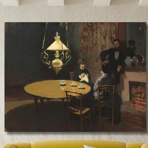 Interior after Dinner by Claude Monet Painting Print Canvas, Claude Monet Edouard Manet in The Family Garden Wall Art, Claude Monet Wall Art