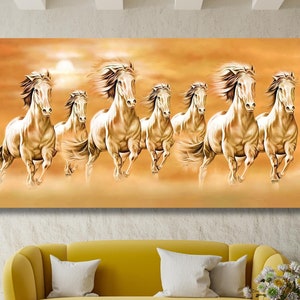 7 laufende Pferde Leinwanddruck, Sieben laufende weiße Pferde Druck, Tiere Leinwanddruck, Pferde Wandkunst Druck, Buntes Poster Druck Leinwand