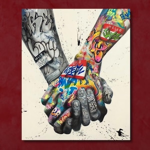 Liefhebbers hand in hand Graffiti-thema decoratief canvas schilderij, graffiti straatkunstwerk print, graffiti handen kunst aan de muur, graffiti street art