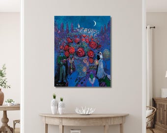 Bruiloftsbloemen in de stijl van Marc Chagall Olieverfschilderijen, Marc Chagall-kunstwerk, Marc Chagall-tentoonstellingsafdruk, Marc Chagall-muurkunst