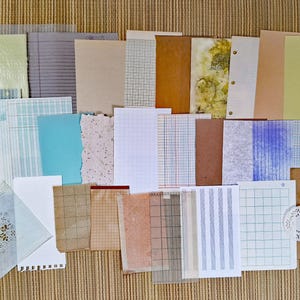 May include: A collection of assorted paper sheets featuring various textures, colours, and patterns including grid, lined, solid, and botanical prints. The set includes rectangular papers, a small circular white paper doily, and translucent vellum.