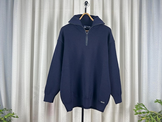 Saint James, Saint James Vintage Wool Sailor Sweater 90s French Nautical Knit Navy Blue 1/3 Zip Pullover
