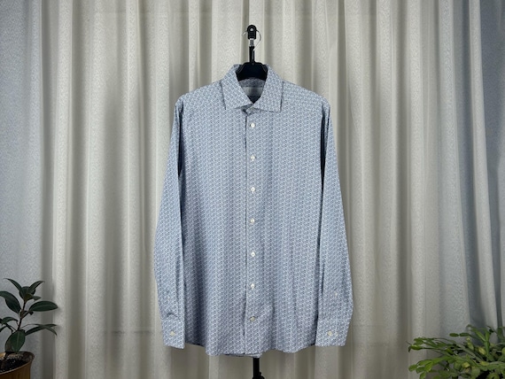 Eton, Rare ETON Blue and White Poplin Cotton Long Sleeve Button Shirt Mushroom and Leaves Print Design Slim Fit Size 38