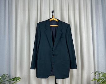 70s Hugo Boss Creation Paris Blazer Lambswool 2 Button Tailored Jacket Green Blue Micro Check Classic European Tailoring 52 Size