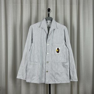 80s Swiss ZIMCO Work Jacket Baker/Butcher Chore Coat Blue Pinstripe Cotton Pocket Utility Size 44