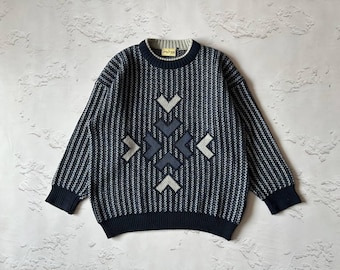 Suéter de punto extragrande con estampado geométrico abstracto de John Friday de los años 90, estilo grunge, estilo hada, cuello redondo