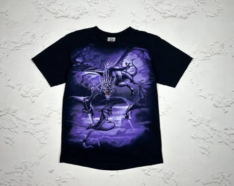 Camiseta gráfica de doble cara con dragón morado grande azul líquido Epic 2002, talla M