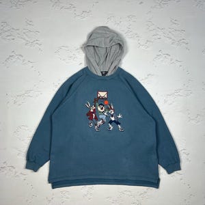 Rare 90s Warner Bros Hoodie 1995 Looney Tunes Embroidered Basketball Sweatshirt Faded Blue Washed & Worn Size L