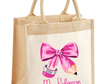 Personalised Teacher Tote Bag – Custom Name Jute Bag – End of Term Teacher Gift – Teaching Assistant Gift – Teacher Appreciation Gift