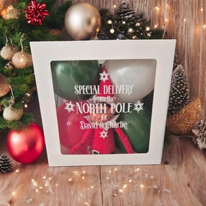 May include: A white box with a clear window, containing a red and white elf doll, green and white balloons. Text on the window reads "SPECIAL DELIVERY from the NORTH POLE for David & Charlie". Christmas decorations are visible in the background.
