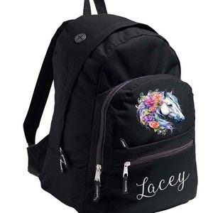 Custom Name Horse Backpack – Personalised Girls School Rucksack, Floral Pony Design, Back-to-School Gift for Horse Lovers, Horse Rucksack