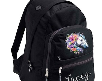 Custom Name Horse Backpack – Personalised Girls School Rucksack, Floral Pony Design, Back-to-School Gift for Horse Lovers, Horse Rucksack
