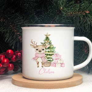 Personalised Kids Christmas Mug | Reindeer Enamel Cup with Name | Cute Stocking Filler & Xmas Eve Box Gift | Hot Chocolate Mug for Children