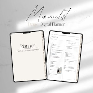 Könnte beinhalten: Zwei schwarze Tablets, die einen beigefarbenen digitalen Planer anzeigen. Das erste Tablet zeigt das Wort "Planner" und "Digital Lifestyle Planner". Das zweite Tablet zeigt einen Tagesplan und To-Do-Listen. Der Text "Minimalist Beige Digital Planner" steht oben.